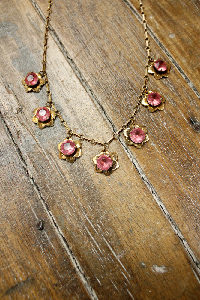 1940s Brass Floral Pink Jewel Necklace 