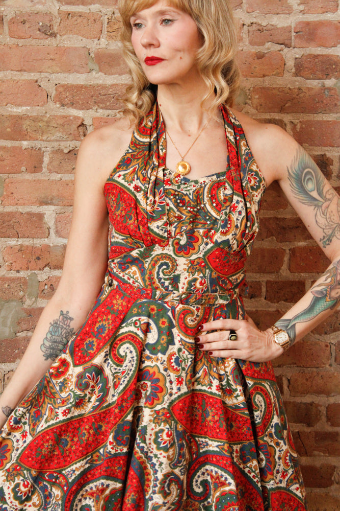 1950s Paisley Colorful Halter Dress - Small
