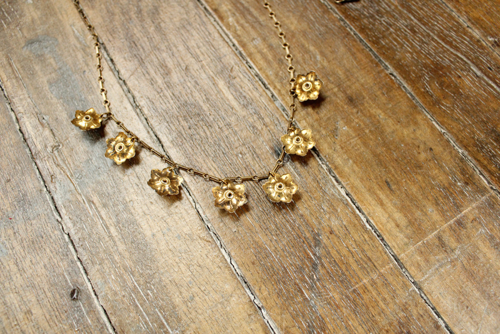 1940s Brass Floral Pink Jewel Necklace 