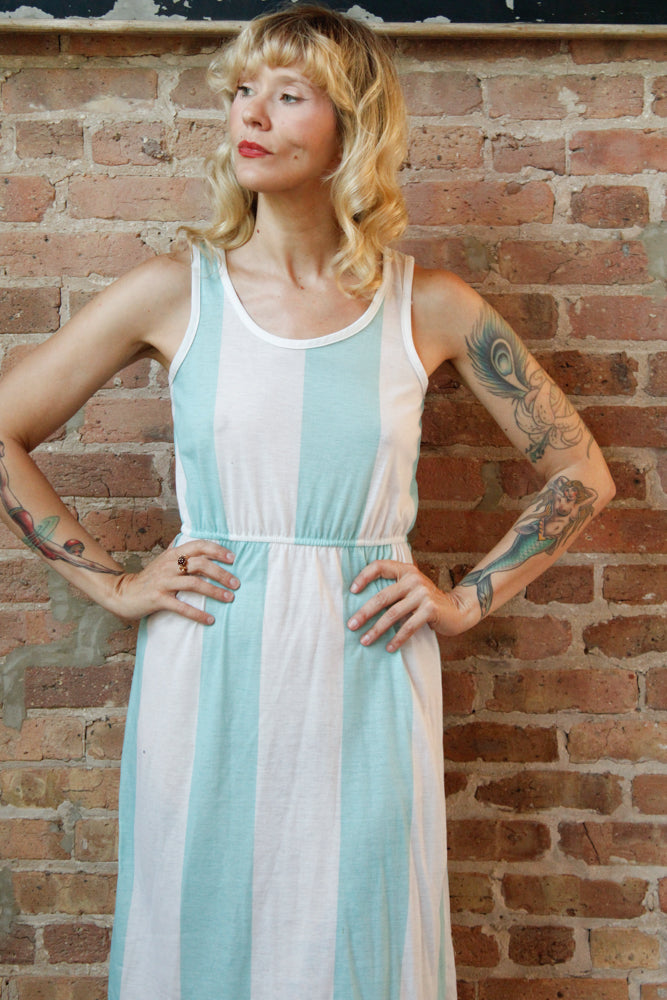 1980s Aqua & White Stripe Summer Dress - S/M