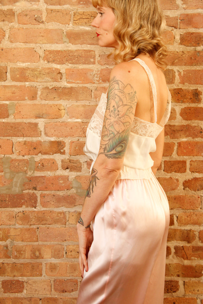 1940s Lace & Rayon Camisole Top - S/M & 1990s Pink Silk Pant with Elastic Waist - M/L