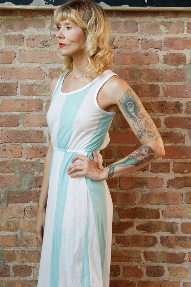 1980s Aqua & White Stripe Summer Dress - S/M