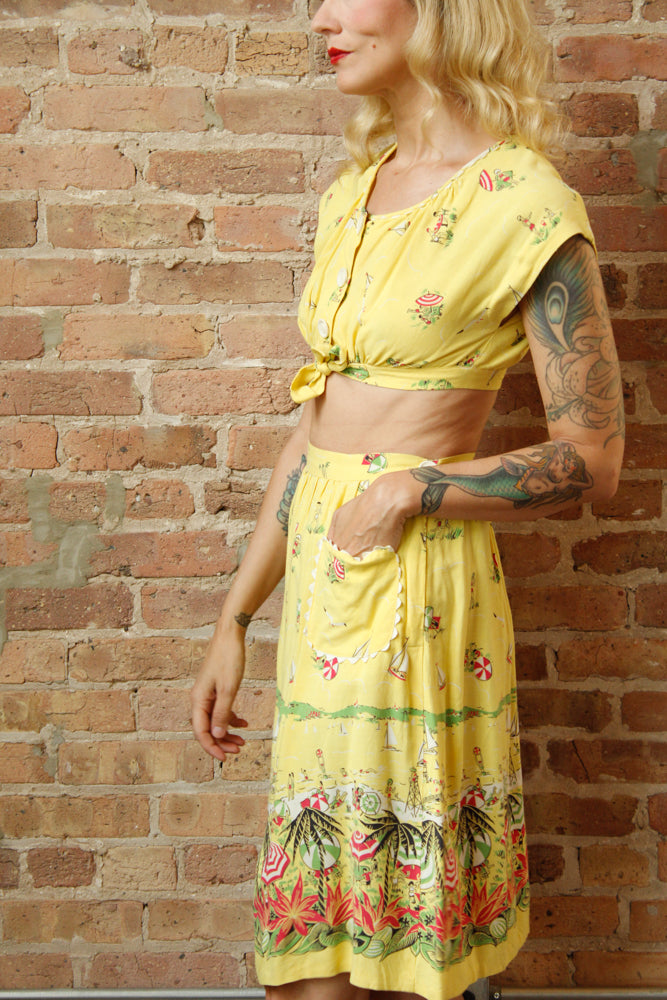 1940s Debby Lou Beach Scene Crop Top & Skirt Set - Xs/Small
