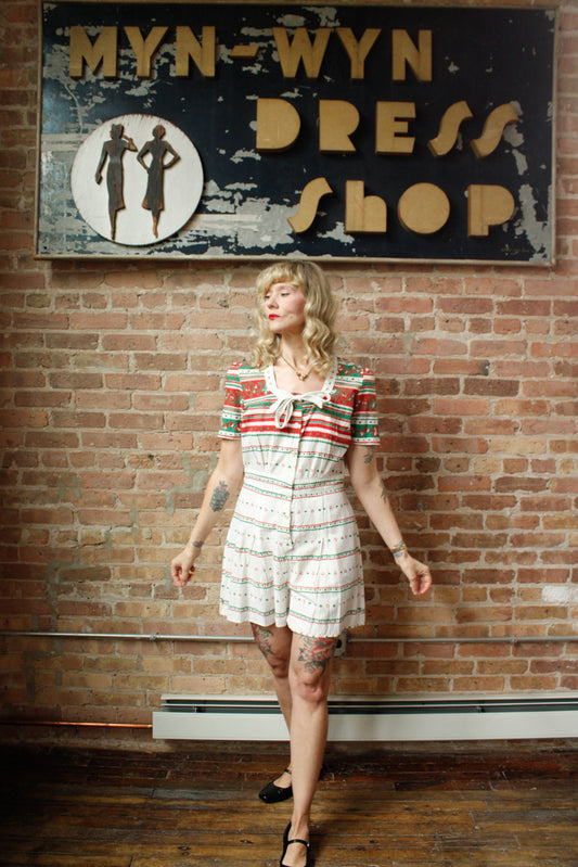 1940s Seersucker Cotton Folk Print Playsuit and Skirt Set - M/L