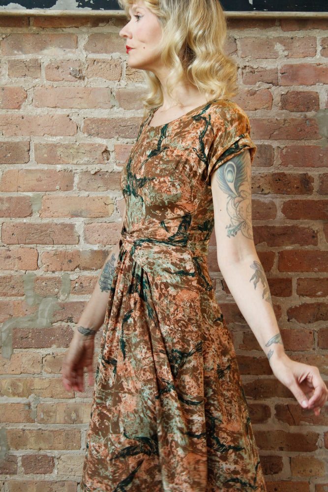1940s Silk Birds of a Feather Dress - Small