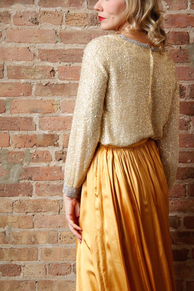 1960s Sequin & Beaded Rayon Top - Medium  & 1940s Hand Made Gold Maxi Skirt - 28" Waist