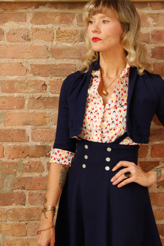1940s 3pc Juniors Pinafore Set with Chicken Novelty Print Blouse & Bolero - Xsmall 