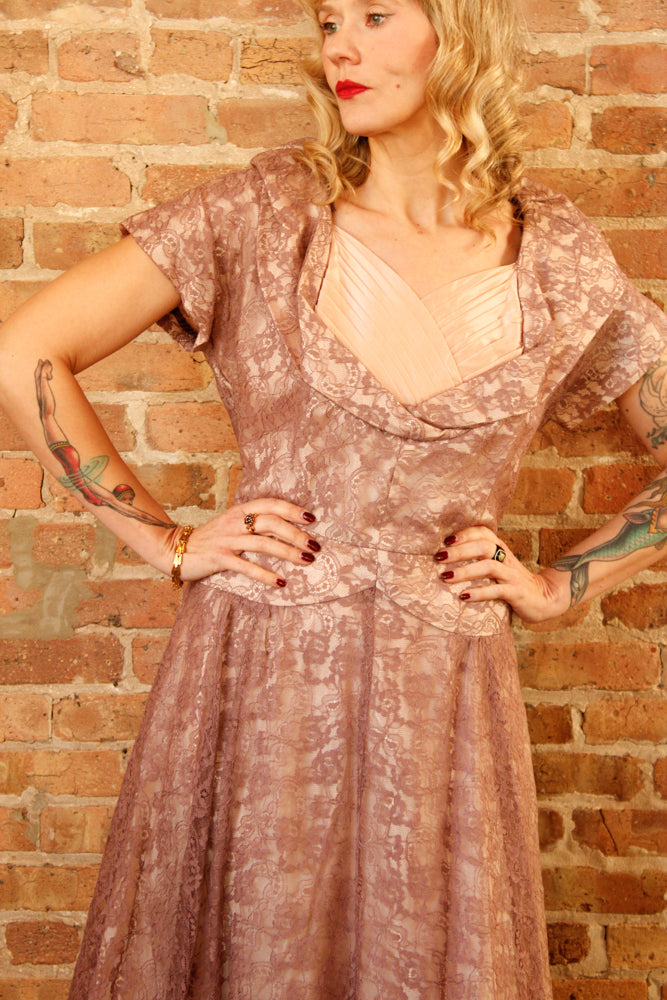 1950s Purple Pink Lace Party Dress - Large