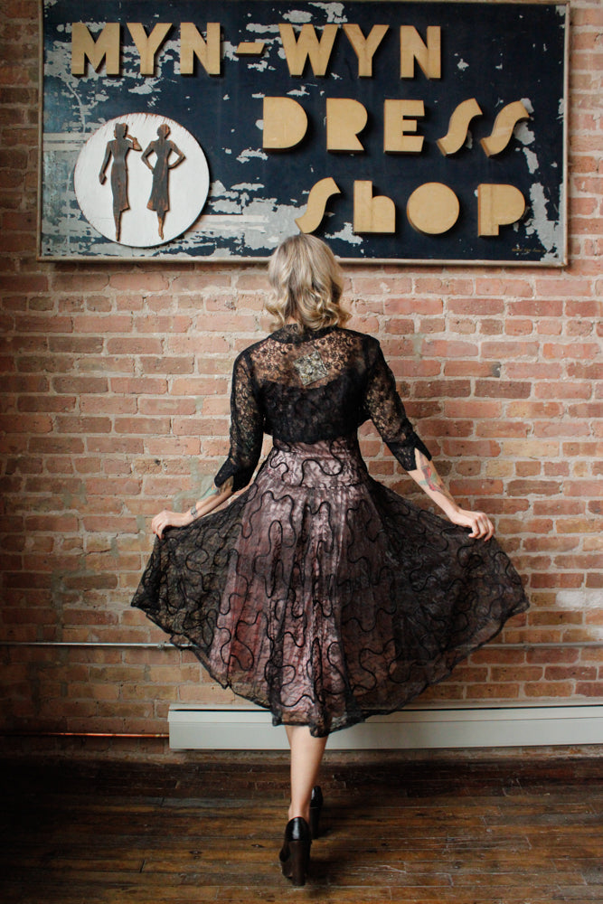 1950s Custom Lace & Taffeta Party Dress with Bolero - Small