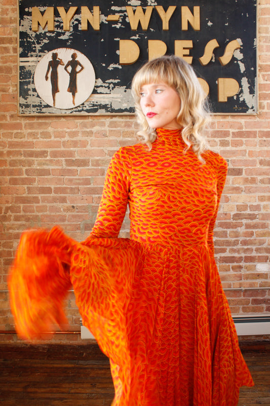 1960s Groovy Orange Italian Silk Jersey & Chiffon Dress - Small