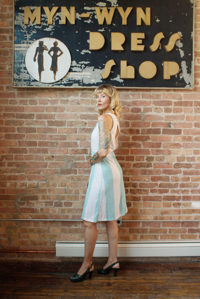 1980s Aqua & White Stripe Summer Dress - S/M