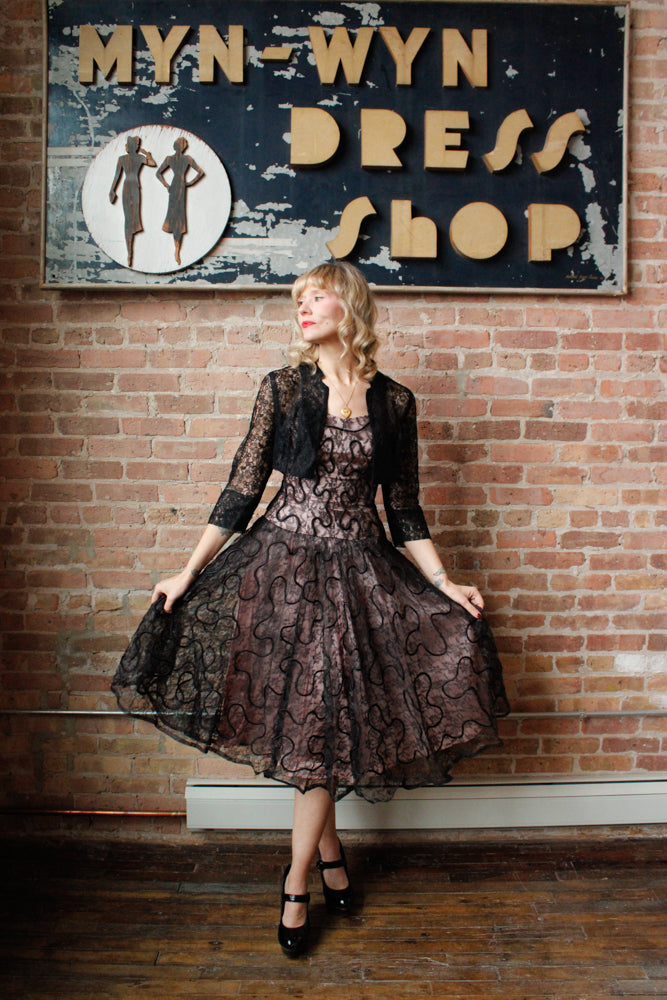 1950s Custom Lace & Taffeta Party Dress with Bolero - Small