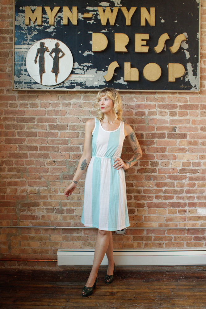 1980s Aqua & White Stripe Summer Dress - S/M