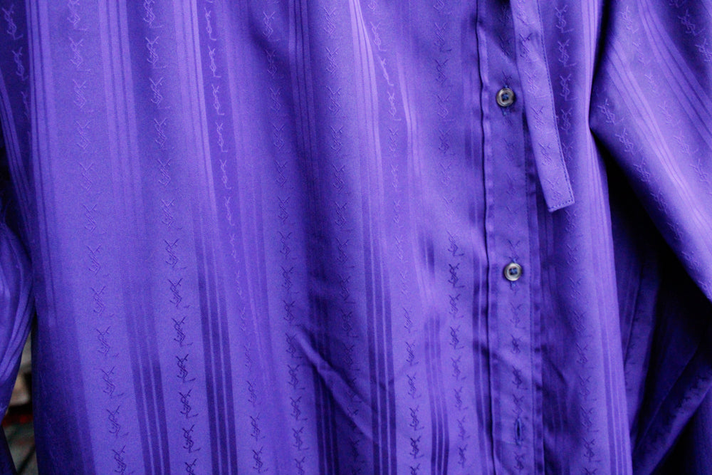 1980s YSL Embossed Logo Purple Blouse - S/M