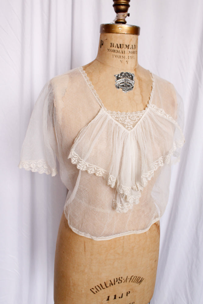 1910s Edwardian Sheer Mesh Ivory Blouse - Medium