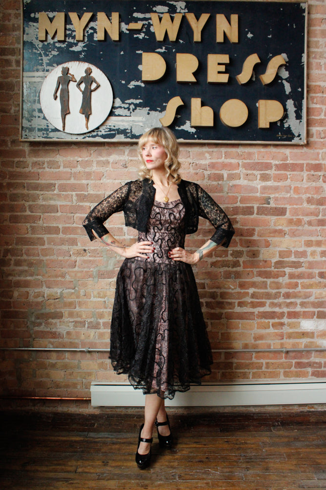 1950s Custom Lace & Taffeta Party Dress with Bolero - Small