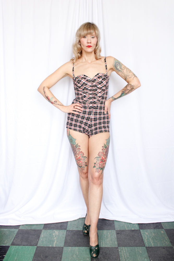 1950s Gingham Puckered Cotton Frances Sider Swimsuit - Small to Medium