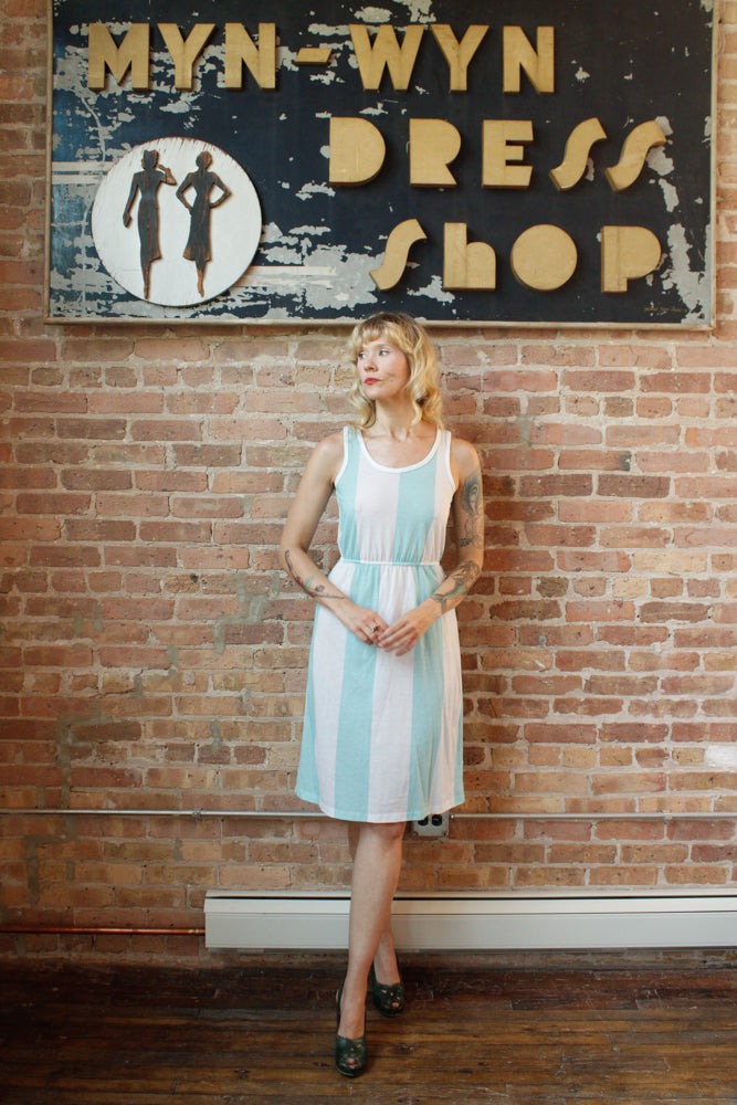 1980s Aqua & White Stripe Summer Dress - S/M
