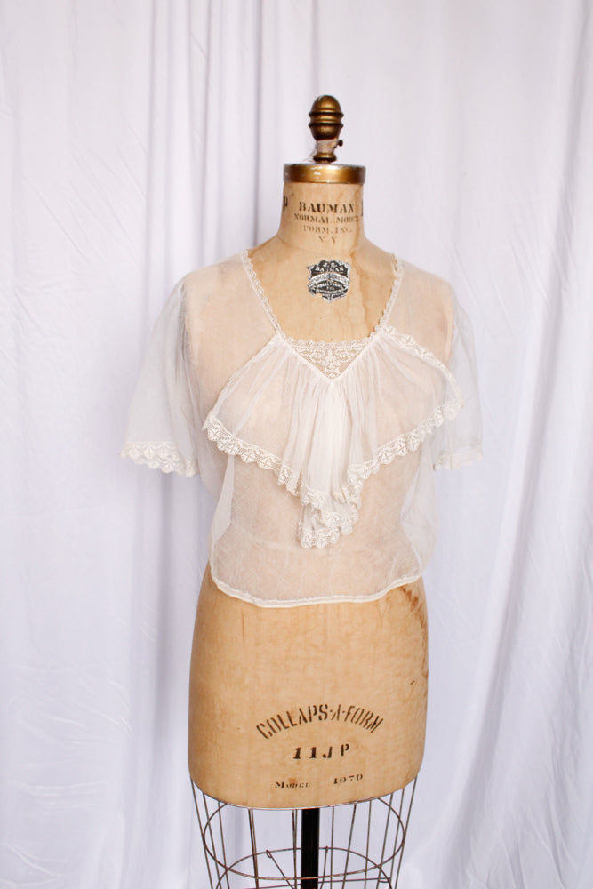 1910s Edwardian Sheer Mesh Ivory Blouse - Medium