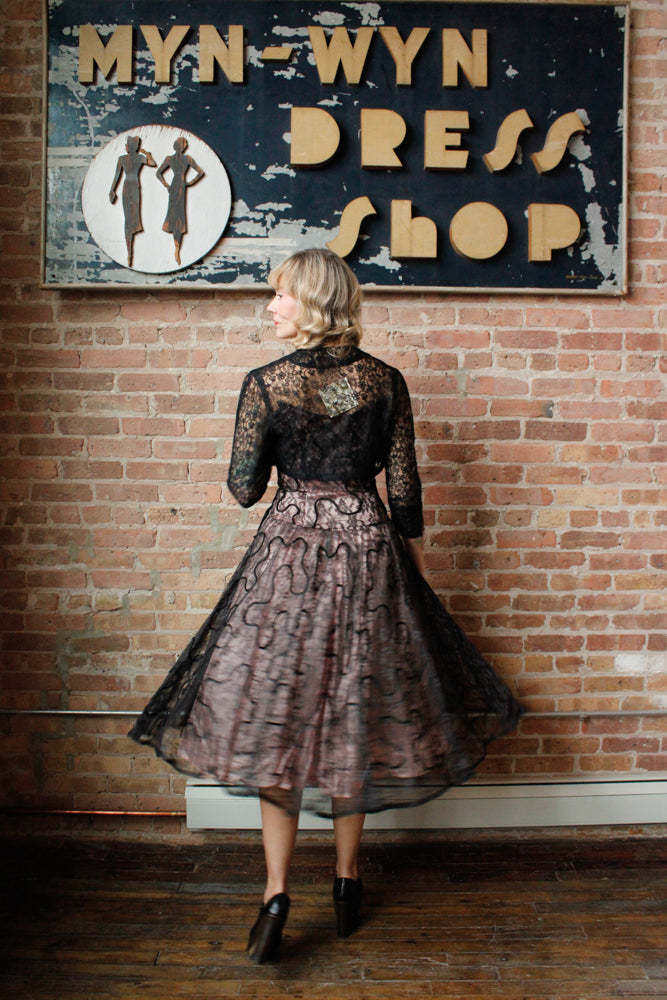 1950s Custom Lace & Taffeta Party Dress with Bolero - Small