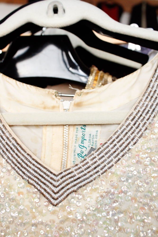 1960s Sequin & Beaded Rayon Top - Medium 