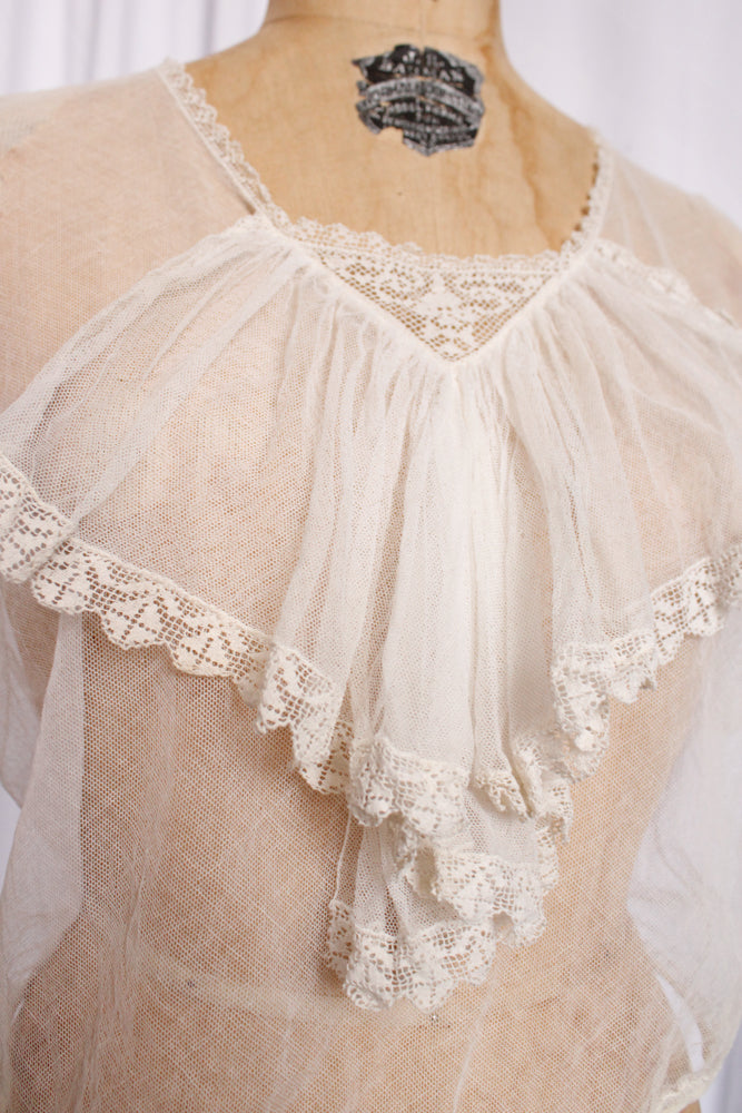 1910s Edwardian Sheer Mesh Ivory Blouse - Medium