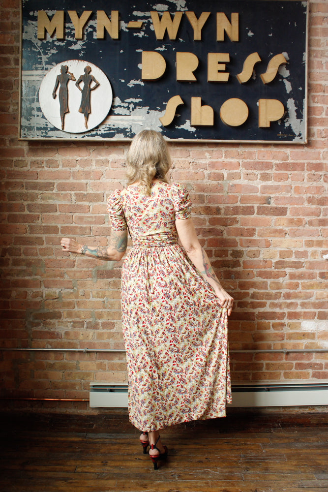 1930s Rayon Jersey Floral Gown with Bakelite clip - Xsmall