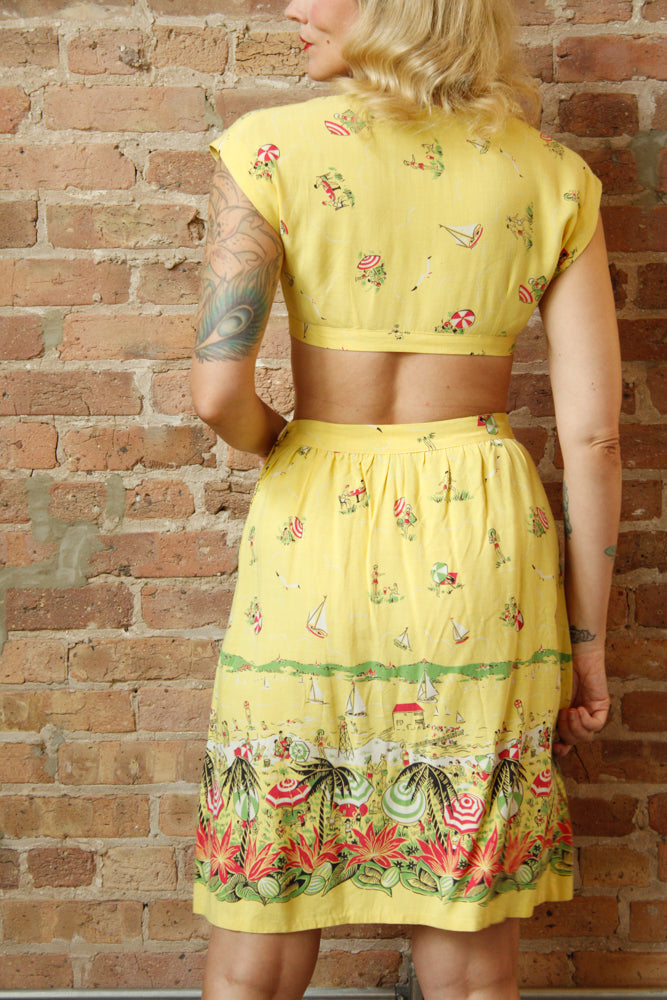 1940s Debby Lou Beach Scene Crop Top & Skirt Set - Xs/Small