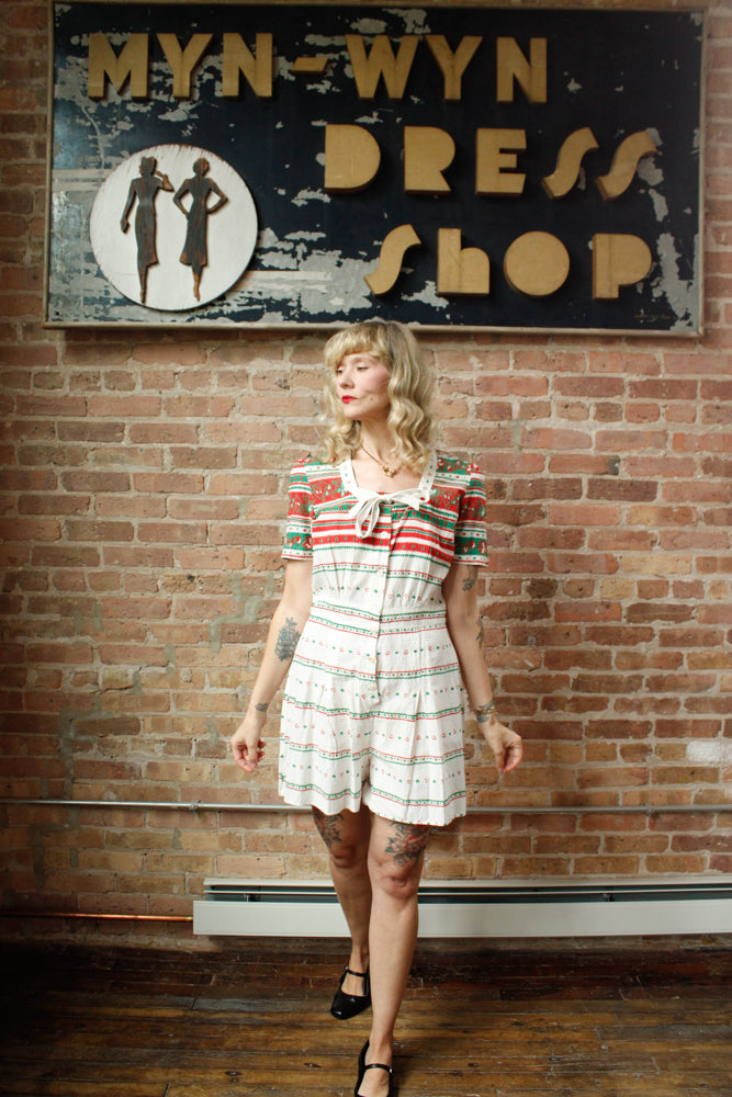 1940s Seersucker Cotton Folk Print Playsuit and Skirt Set - M/L