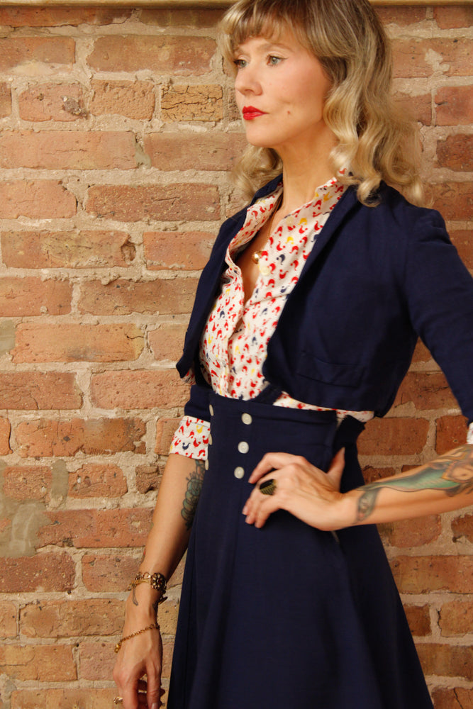 1940s 3pc Juniors Pinafore Set with Chicken Novelty Print Blouse & Bolero - Xsmall 