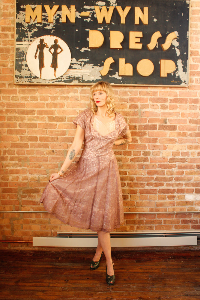 1950s Purple Pink Lace Party Dress - Large