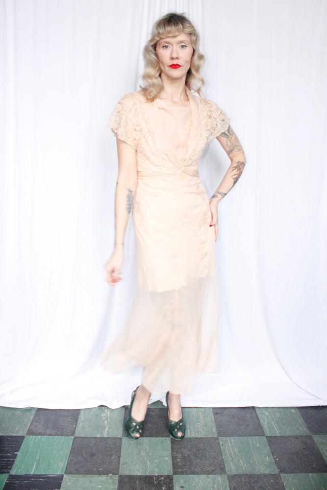 1930s Silk Chiffon & Lace Gown & Bolero - Small