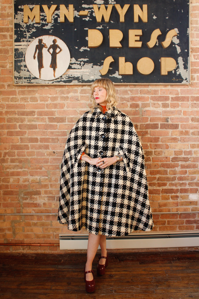 1990s Anna Livia Houndstooth Wool Cape - O/S