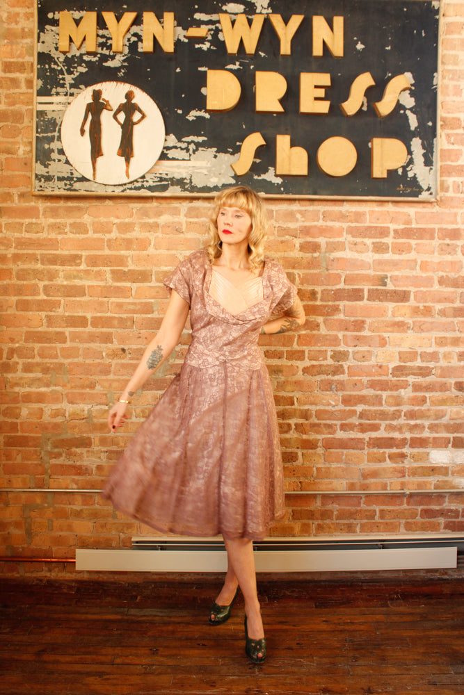 1950s Purple Pink Lace Party Dress - Large