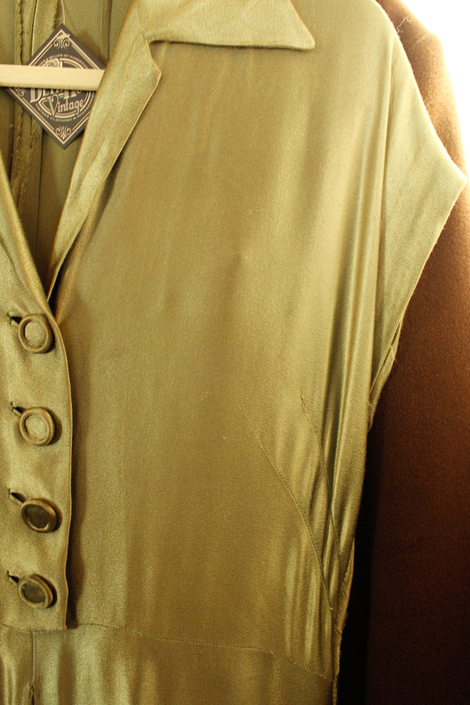 1940s Green Silk Satin Dress - S/M