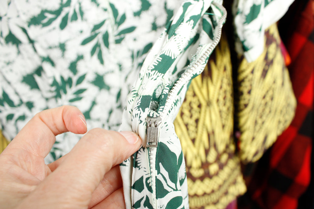 1930s Green & White Floral Silk Dress - M/L