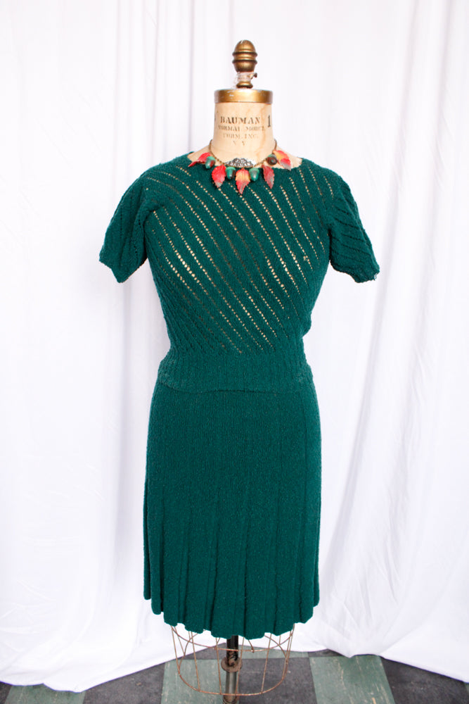 1940s Evergreen Knit Sweater & Skirt Set - Small