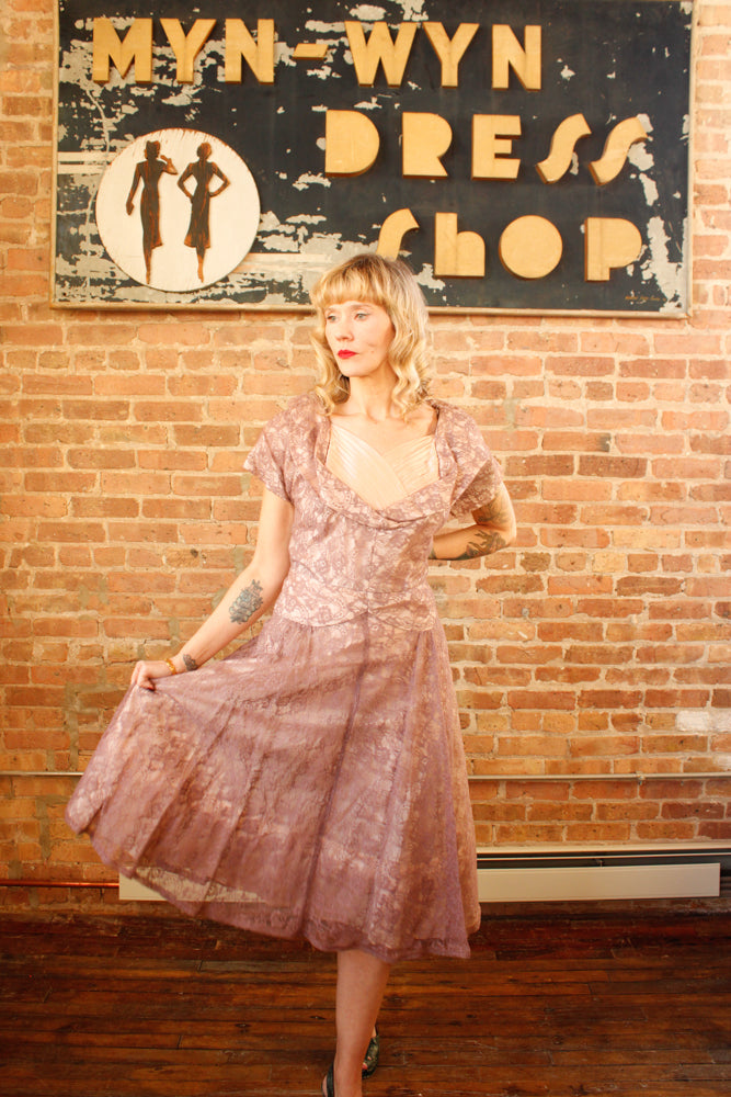 1950s Purple Pink Lace Party Dress - Large