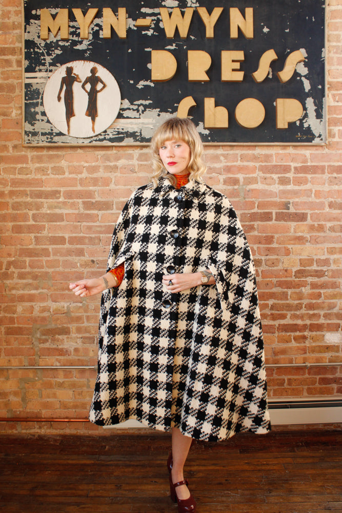 1990s Anna Livia Houndstooth Wool Cape - O/S