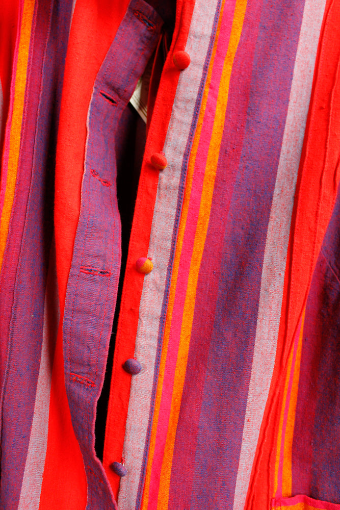 1970s Guatemalan Cotton Bright Red and Purple Stripe Dress - M/L