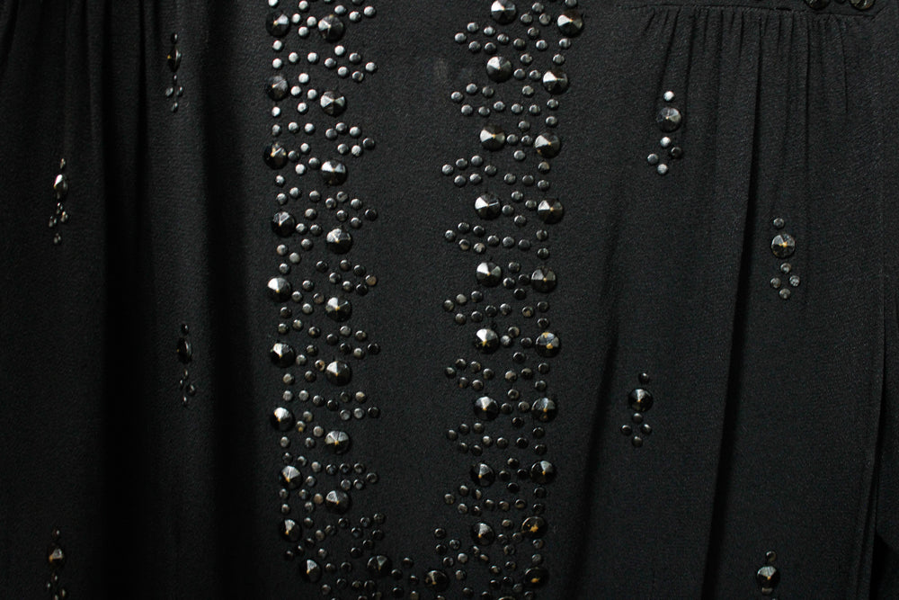1940s Black Rayon Studded Dress - Medium
