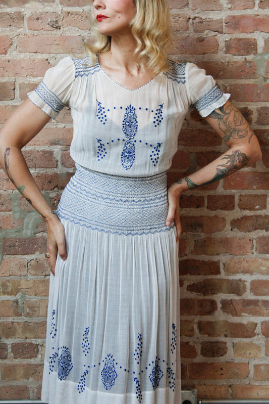 1930s Hungarian Blue Embroidered Cotton Voile Dress - Xs/S