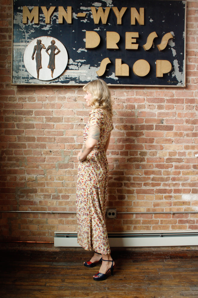 1930s Rayon Jersey Floral Gown with Bakelite clip - Xsmall