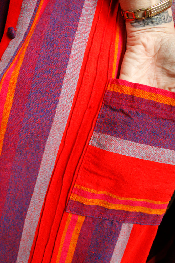 1970s Guatemalan Cotton Bright Red and Purple Stripe Dress - M/L