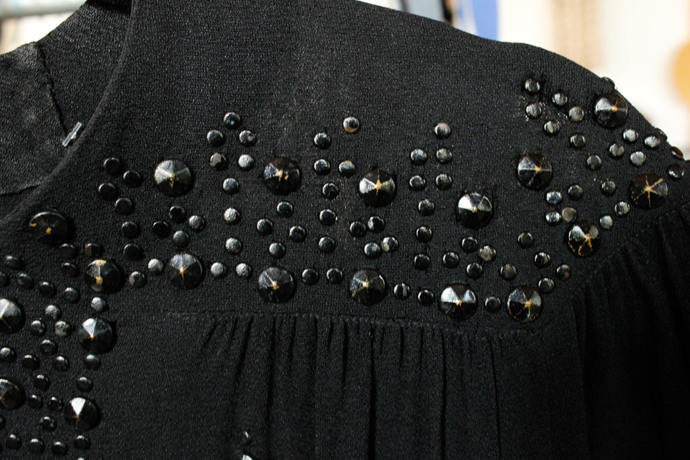 1940s Black Rayon Studded Dress - Medium