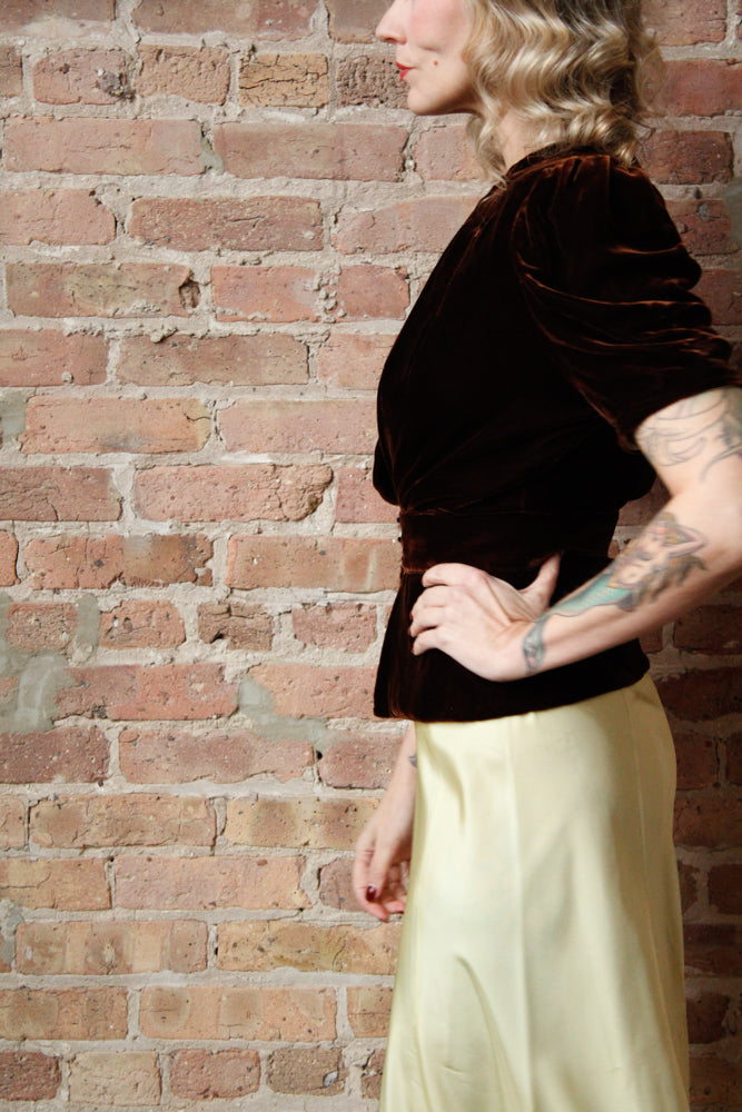 1930s Chartreuse Taffeta Gown with Silk Velvet Jacket - S/M