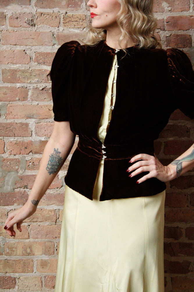 1930s Chartreuse Taffeta Gown with Silk Velvet Jacket - S/M