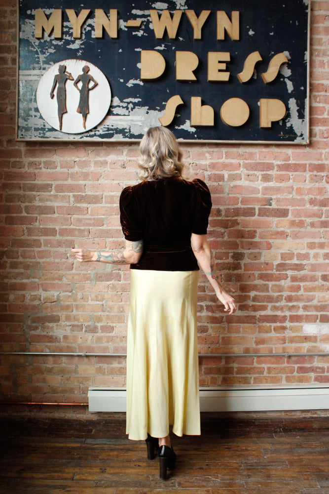 1930s Chartreuse Taffeta Gown with Silk Velvet Jacket - S/M