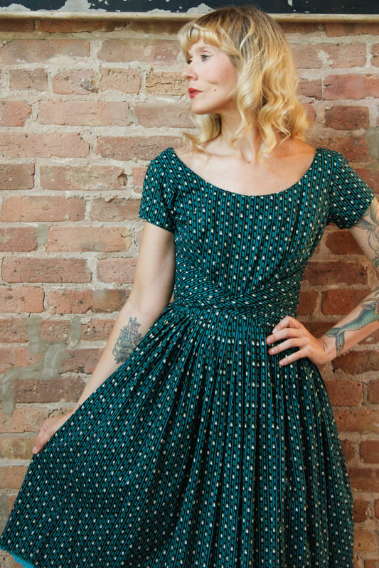 1950s Floral Striped Belted Dress - Medium