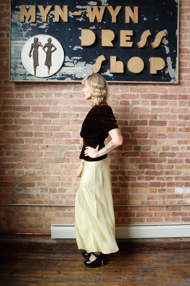 1930s Chartreuse Taffeta Gown with Silk Velvet Jacket - S/M